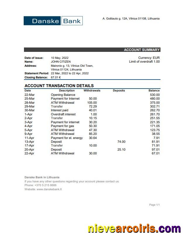 Lithuania Danske Bank statement